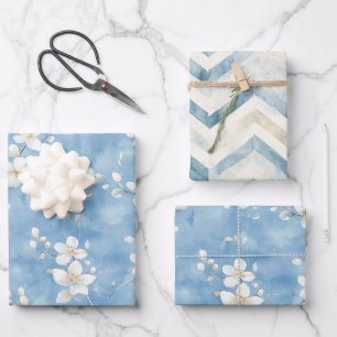 Hoja De Papel De Regalo Cumpleaños de flores blancas bonitas azul cielo