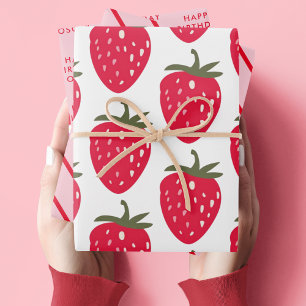 Hoja De Papel De Regalo Cumpleaños de fresa rosa y roja