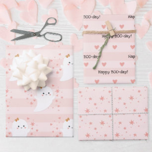 Hoja De Papel De Regalo Cumpleaños de Halloween rosa fantasma Kawaii
