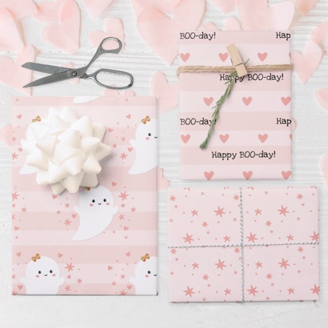 Hoja De Papel De Regalo Cumpleaños de Halloween rosa fantasma Kawaii (Happy BooDay Cute Ghost Halloween Birthday Gift Wrap)