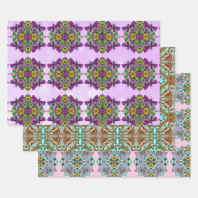 Hoja De Papel De Regalo Cumpleaños de la lechuza, la mariposa y las libélu (Set)