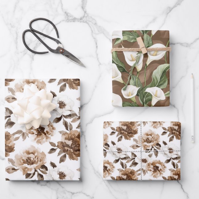 Hoja De Papel De Regalo Cumpleaños de las Flores Blancas de Crema Marrón (Anverso)