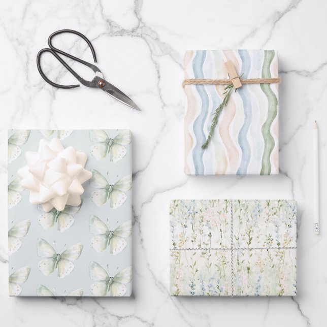 Hoja De Papel De Regalo Cumpleaños de Mariposas de Menta (Anverso)