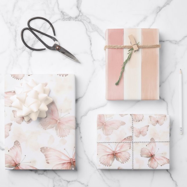 Hoja De Papel De Regalo Cumpleaños de Mariposas Rosadas Lindas (Anverso)