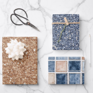Hoja De Papel De Regalo Cumpleaños de mezclilla falsa con brillo azul dora