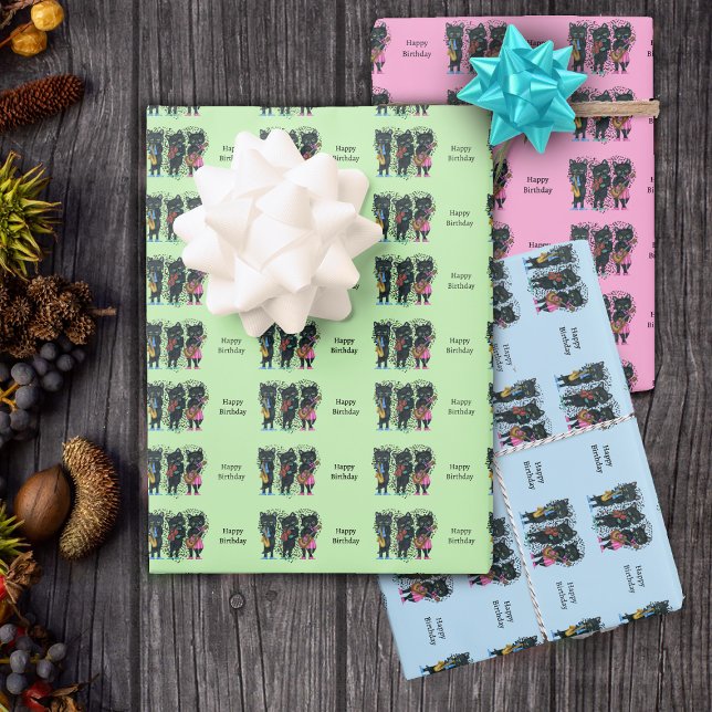 Hoja De Papel De Regalo Cumpleaños de músicos de gato negro Heart of Music (Black cats playing music hearts of music notes on green, blue and pink gift wrapping paper sheets.)