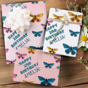 Hoja De Papel De Regalo Cumpleaños de niña con patrón de mariposa rosa lin