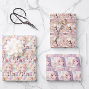 Hoja De Papel De Regalo Cumpleaños de niña con tema de anime