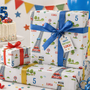 Hoja De Papel De Regalo Cumpleaños de niños con coches de carreras