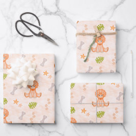 Hoja De Papel De Regalo Cumpleaños de niños lindos Dinosaurio naranja