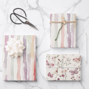 Hoja De Papel De Regalo Cumpleaños de rayas blancas y rosa melón lavanda