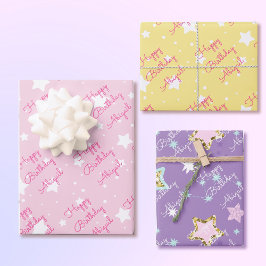 Hoja De Papel De Regalo Cumpleaños de Star Happy con Chicas de color amari