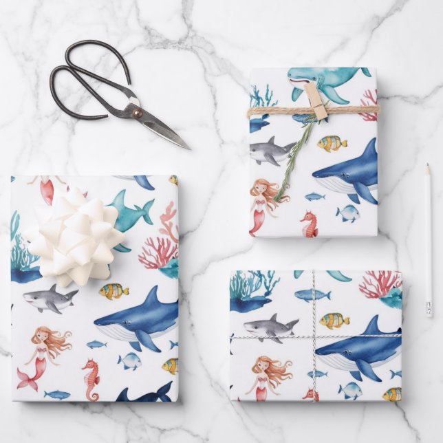 Hoja De Papel De Regalo cumpleaños de tiburón de pez arco iris con sirena (Anverso)