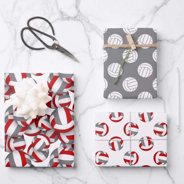 Hoja De Papel De Regalo cumpleaños del equipo de voleibol gris rojo (Anverso)