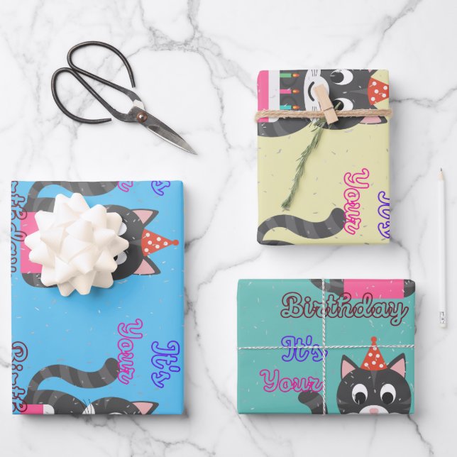 Hoja De Papel De Regalo Cumpleaños del Gato (Anverso)