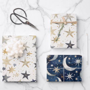 Hoja De Papel De Regalo Cumpleaños Estrellas Azules Plata Oro