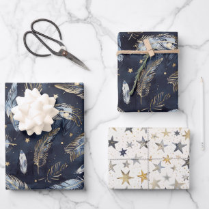 Hoja De Papel De Regalo Cumpleaños Estrellas Plumas Doradas Azules