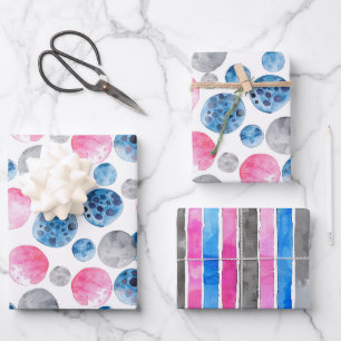 Hoja De Papel De Regalo Cumpleaños Fantasía Rosa Azul Gris Puntos Rayas