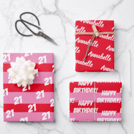 Hoja De Papel De Regalo Cumpleaños feliz 21 Pink Red Agregar nombre patrón