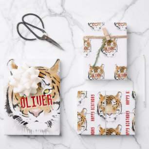 Hoja De Papel De Regalo Cumpleaños Feliz Animal Acuarela Tigre 