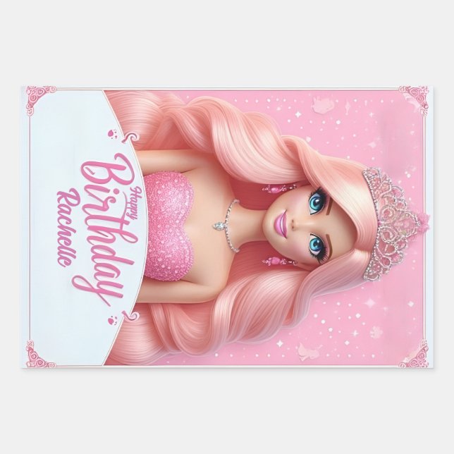 Hoja De Papel De Regalo Cumpleaños Feliz Princesa Rosa Personalizado (Anverso)