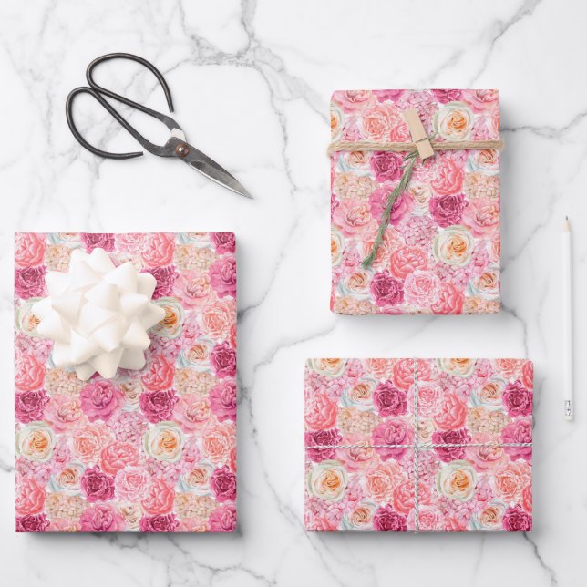 Hoja De Papel De Regalo Cumpleaños floral blanco rosa para ella regadera d (Anverso)