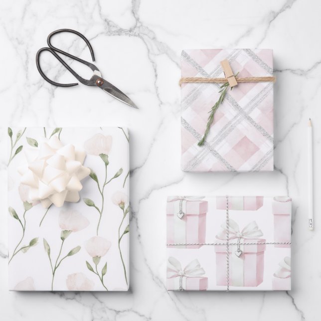 Hoja De Papel De Regalo Cumpleaños floral rosa blanco sonrosado (Anverso)