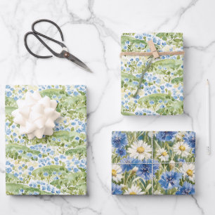 Hoja De Papel De Regalo Cumpleaños Flores Azules Verdes
