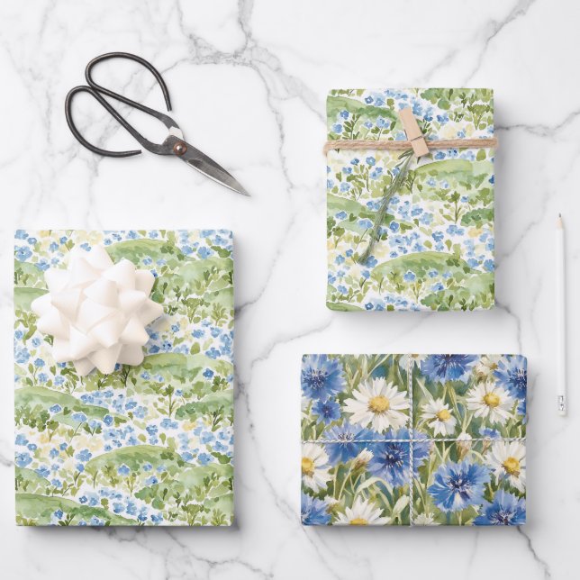 Hoja De Papel De Regalo Cumpleaños Flores Azules Verdes (Anverso)