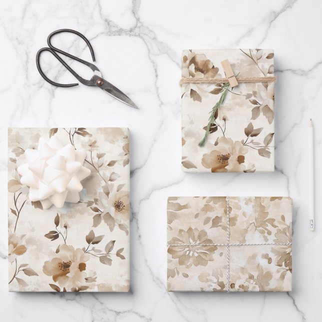 Hoja De Papel De Regalo Cumpleaños Flores Marrones Crema (Anverso)