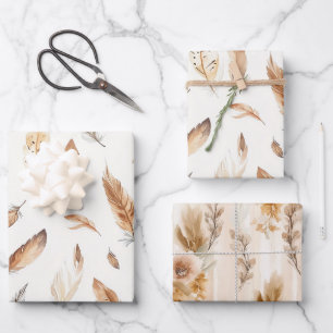 Hoja De Papel De Regalo Cumpleaños Flores Plumas Boho Crema