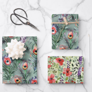 Hoja De Papel De Regalo Cumpleaños Flores Plumas de Pavo Real Verdes Rojas