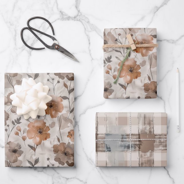 Hoja De Papel De Regalo Cumpleaños Flores Rayas Crema Naranja Marrón (Anverso)