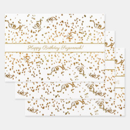 Hoja De Papel De Regalo Cumpleaños Gold Confetti Streamers Tres Plantilla