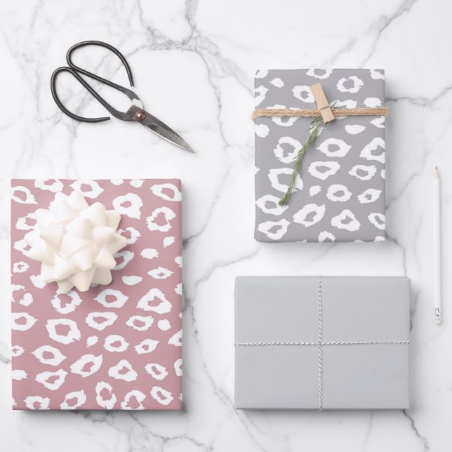 Hoja De Papel De Regalo Cumpleaños Leopardo Rosa Blanco Gris (Anverso)