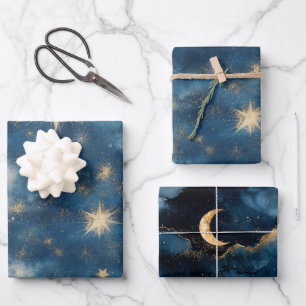 Hoja De Papel De Regalo Cumpleaños Luna Cielo Estrellas Glitzy Oro Azul
