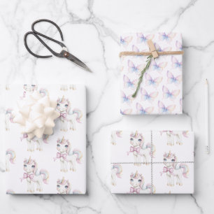 Hoja De Papel De Regalo Cumpleaños Mariposas Unicornio Rosa Lindo