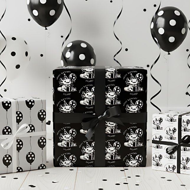 Hoja De Papel De Regalo Cumpleaños personalizado de Black & White Axolotl (Subido por el creador)