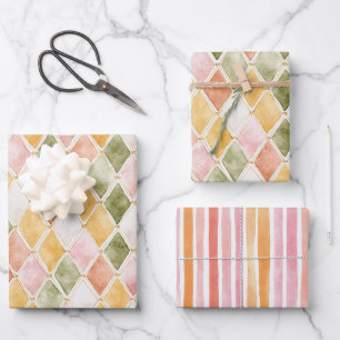 Hoja De Papel De Regalo Cumpleaños Rayas Beige Naranja Verde Amarillo Rubo