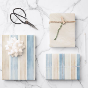 Hoja De Papel De Regalo Cumpleaños Rayas Crema Azul Playa