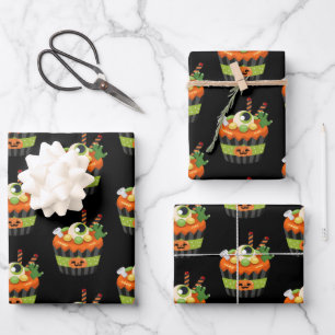 Hoja De Papel De Regalo Cupcake de Halloween lindo y espeluznante con un g
