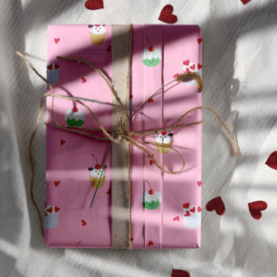 Hoja De Papel De Regalo Cupcakes de Cereza y Corazones de Amor – Postre de