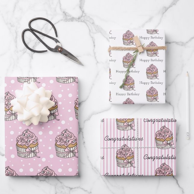 Hoja De Papel De Regalo Cupcakes de rosa y plata (Anverso)