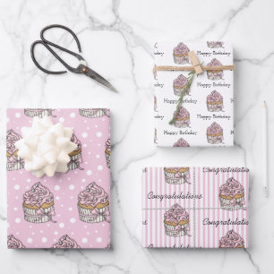Hoja De Papel De Regalo Cupcakes rosados y plateados