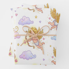 Hoja De Papel De Regalo Cupidos Voladores Caprichosos en Fantasía de Cielo