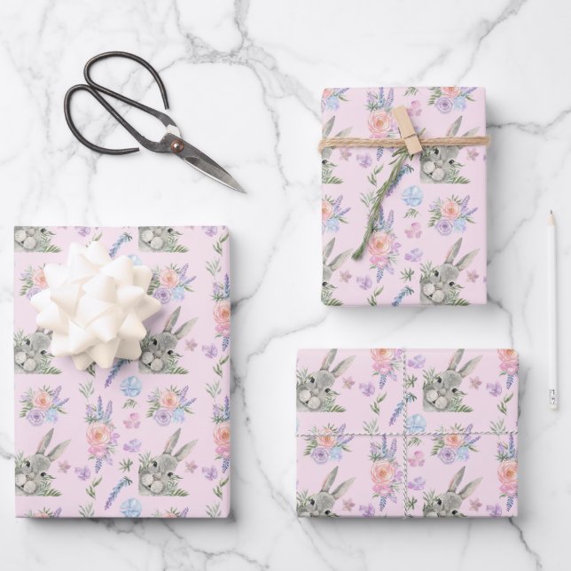 Hoja De Papel De Regalo Curioso Bunny Pastel Lavender Flowers (Anverso)