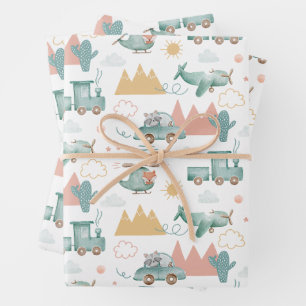 Hoja De Papel De Regalo Curioso transporte y animal. Patrón de bebé para n
