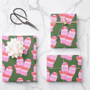 Hoja De Papel De Regalo Curte nórdico invierno Mittens patrón rosa y verde