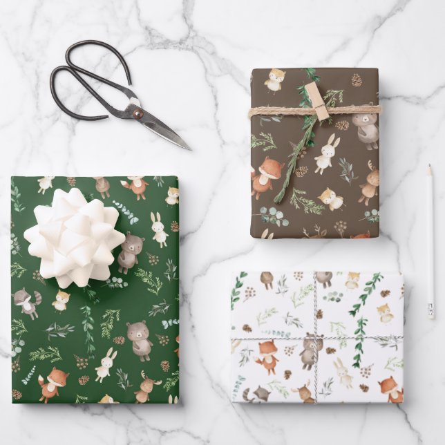 Hoja De Papel De Regalo Curte Woodland Animals Forest Greenery Baby Shower (Anverso)