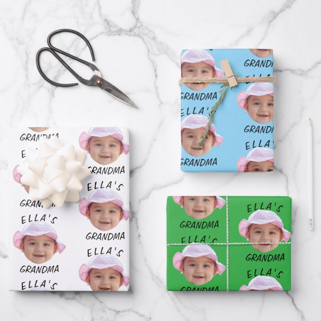 Hoja De Papel De Regalo Custom Baby Face Photo Text Grandma (Anverso)